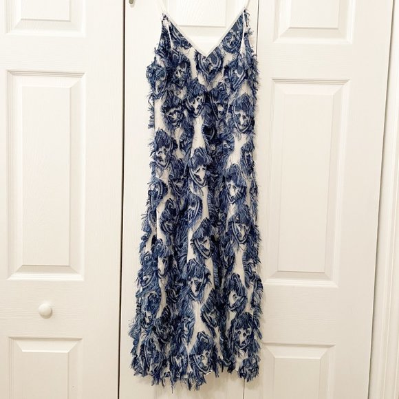 NWT Calvin Luo White and Blue Fringe Slip Midi Dress